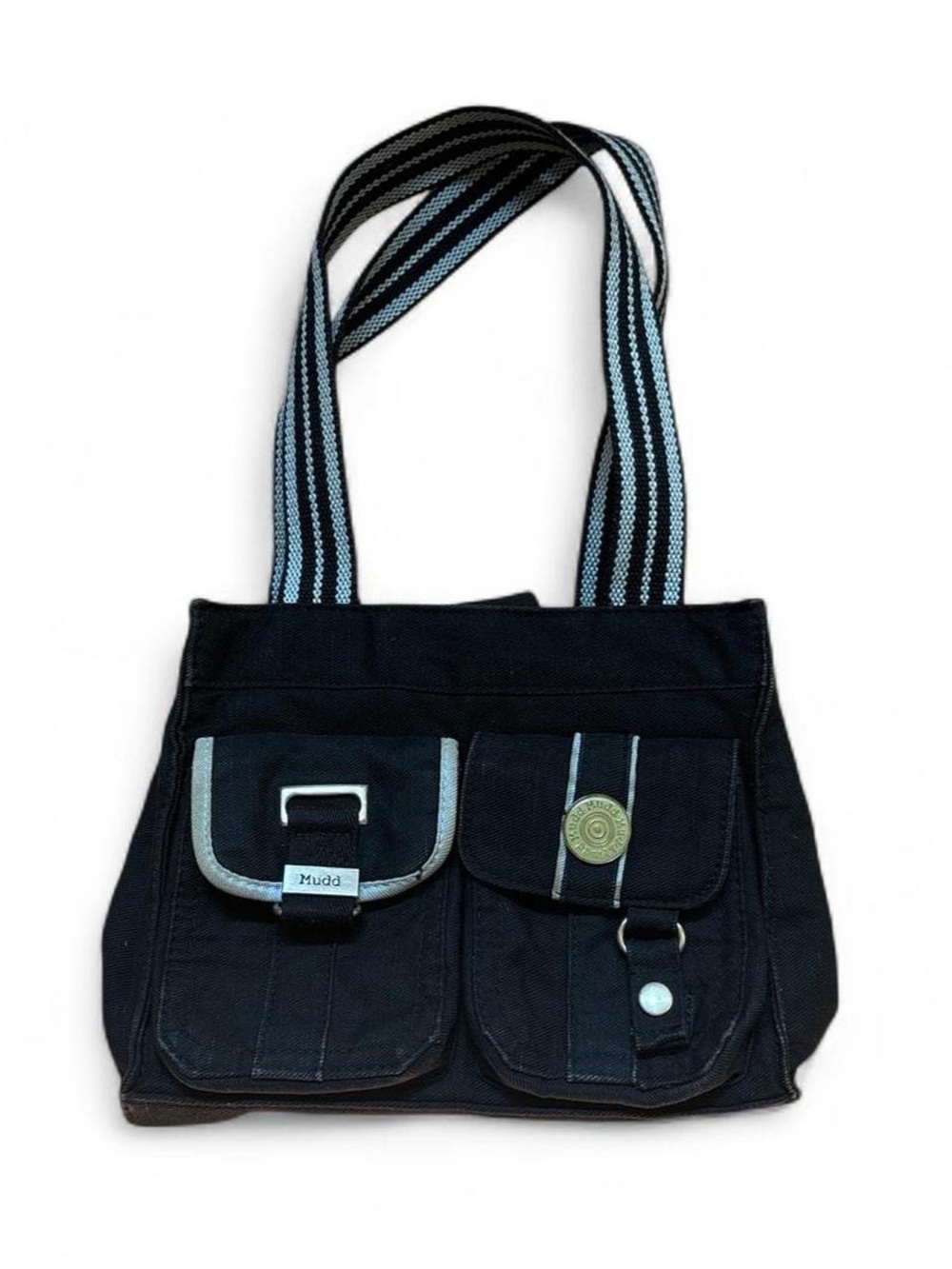 Vintage Y2K Mudd Black Denim Canvas Utility Cargo Shoulder Bag Purse Striped